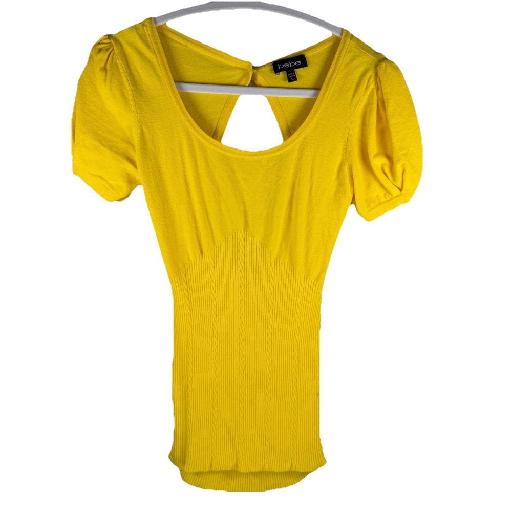 BeBe Womens Top Yellow Large Ribbed Knit Puff Short Sleeve V Neck Y2K‎ Blouse